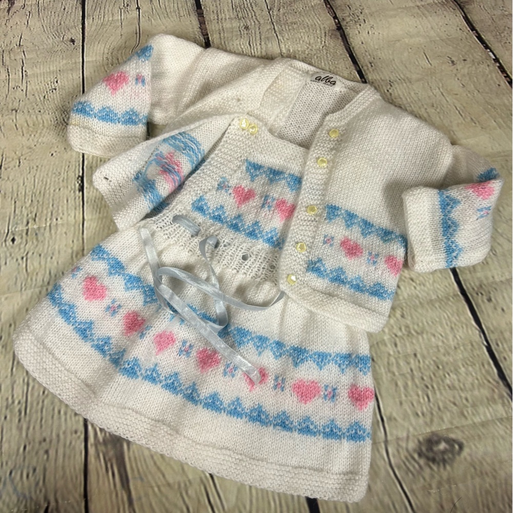 Alba Handmade knit dress and two cardigan sweaters little girl pink